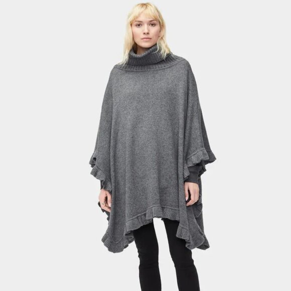 NWT UGG Poncho Sweater Jacey Wool Blend Cowl Turtleneck Gray One Size - Picture 2 of 10
